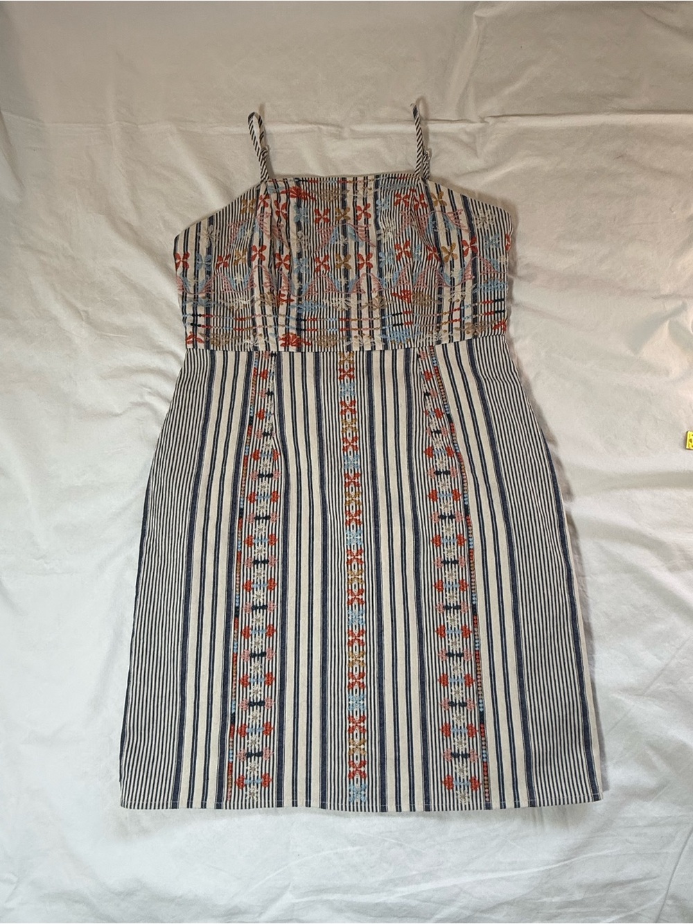 THML Blue & White Striped Embroidered Boho Mini Dress - Size Medium